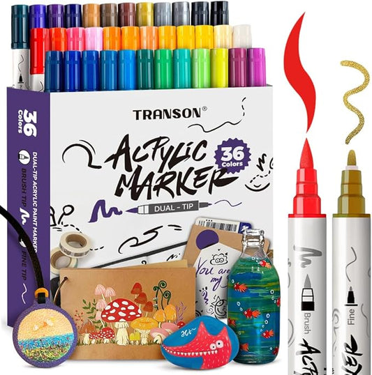 TRANSON 36 Colors Fine and Brush Dual-tip Acrylic Paint Marker Pen Set for Canvas Rock Wood Leather Ceramic DIY Painting