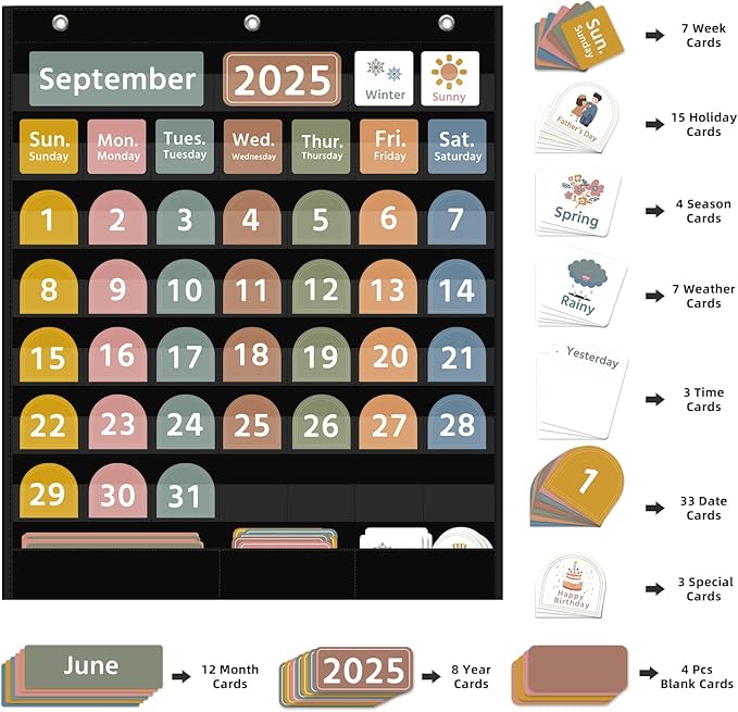 REGELETO Large Boho Calendar Pocket Chart with 96 Cards for Classroom, Size:32.25 x 24.125 inch Black Monthly Calendar and Weather Pocket Chart for Student Learning for Home or School.