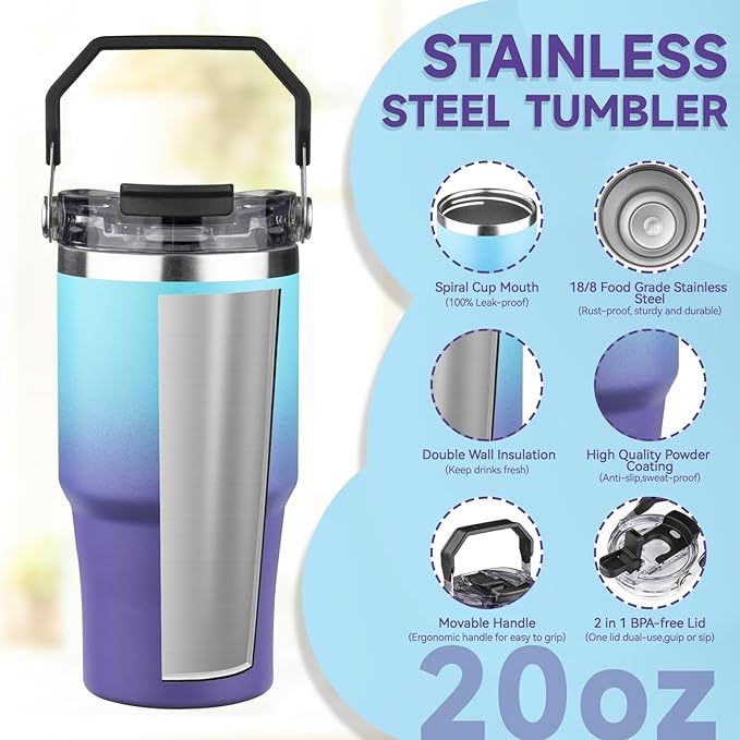20oz Tumbler with Handle and Flip Straw Lid Double Wall Insulated Travel Coffee Mug Stainless Steel Vacuum Insulated Coffee Tumbler Cup for Hot and Cold Beverages Leak-proof&BPA-free（20oz,Blue Purple）