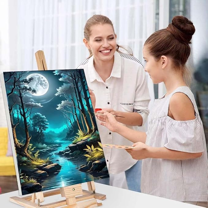 4 Pack Paint by Numbers for Adults with Framed Canvas - with Wooden Easel, Beach Paint by Number on Canvas, DIY Moon Landscape Acrylic Oil Painting Kits with Brushes for Home Wall Decor (8x12 inch)