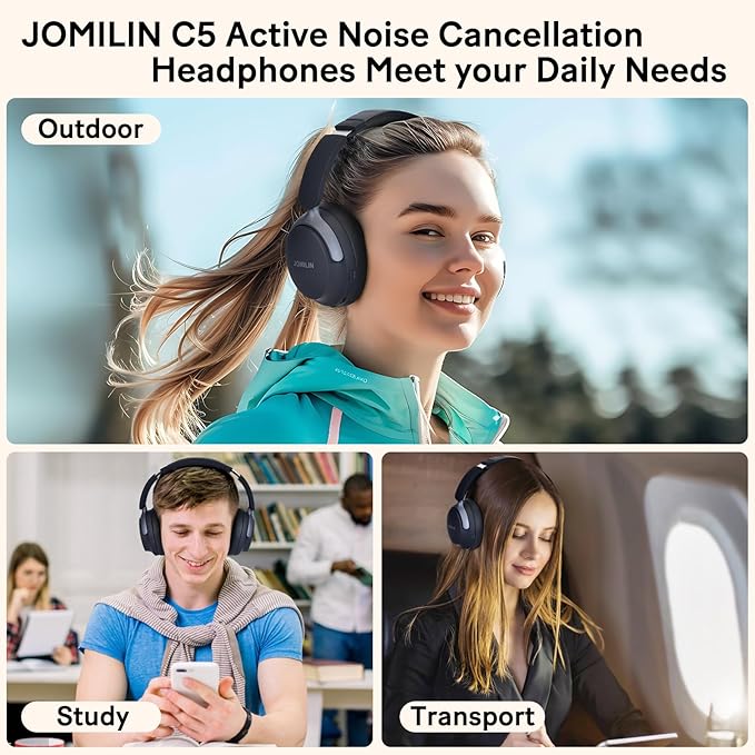 JOMILIN C5 Active Noise Cancelling Headphones, Wireless Over Ear Bluetooth Headphones, 3EQ Modes via Button, 60H Playtime Lightweight Folding Stereo Bass Headset with Mic, for Travel Home Space Black