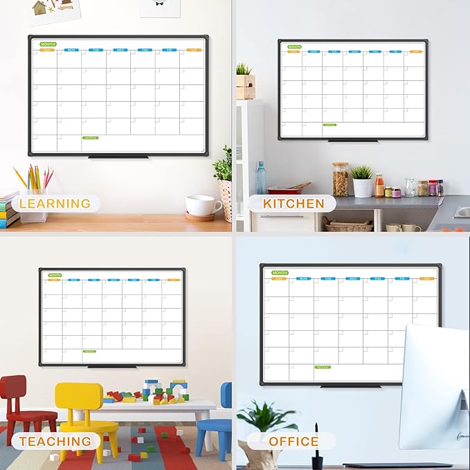 JILoffice Dry Erase Calendar Whiteboard - Magnetic White Board Monthly 36 x 24 Inch, Black Aluminum Frame Wall Mounted for Office Home and School