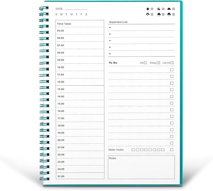 Daily Planner Undated, To Do List Notebook with Hourly Schedule, Time Management Manual and Planner, Personal Organizers, 5.2"x7.5", 75 Sheets/150 Pages, Green