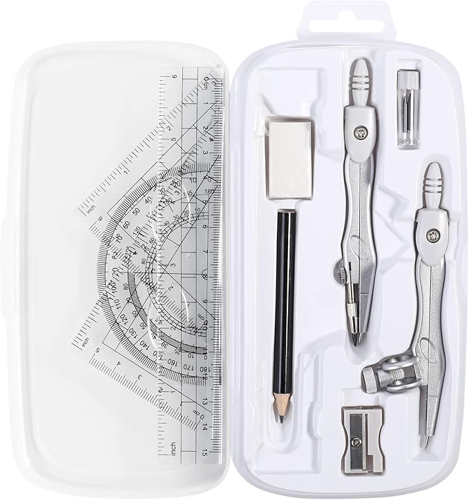 Unjoo Math Geometry Kit Sets 10 Piece Student Supplies with Shatterproof Storage Box,Includes Rulers,Protractor,Compass,Eraser,Pencil Sharpener,Lead Refills,Pencil,for Drafting and Drawings（Grey）