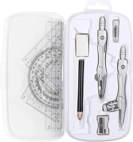 Unjoo Math Geometry Kit Sets 10 Piece Student Supplies with Shatterproof Storage Box,Includes Rulers,Protractor,Compass,Eraser,Pencil Sharpener,Lead Refills,Pencil,for Drafting and Drawings（Grey）