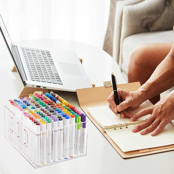 MotiMind Acrylic Marker Organizer for 126 Marker, Large Art Pencil Holder Storage Rack for Desk, Pens Art Brushes Display Stand with 18 Compartments for Desktop, Office (clear, 126 Capacity)