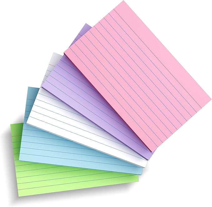 250 Count Colored Index Cards 3x5 Inch 180gsm Heavy Weight Flash Card (50 Sheets Each), Note Taking for Students, Teachers, Professionals, Study Note Cards for Office Home School