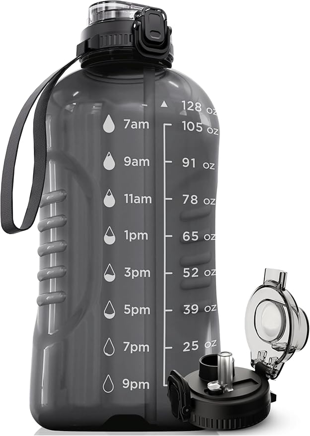 AQUAFIT 128 oz Water Bottle with Time Marker - 2in1 Straw & Chug Lid - BPA Free Big Gym Water Bottle with Strap - Gray