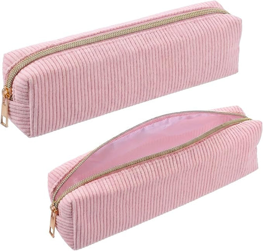 Corduroy Pen Case, Aesthetic Pencil Pouch, Simple Pen Bag with Practical Zip Portable Makeup Bag Stationery Pouch for Women(Pink)