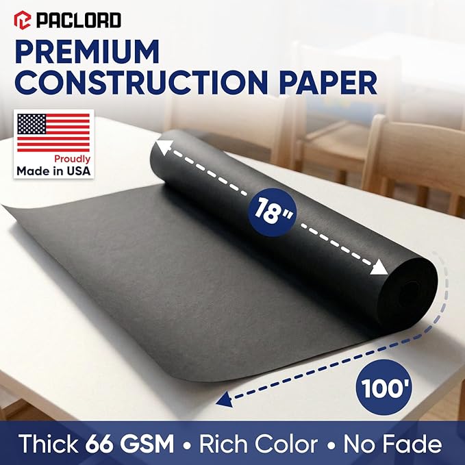 Black Construction Paper Roll 18" x 100 ft – Made in USA – 18" Bulletin Board Paper for Classroom & School, Teachers & Kids