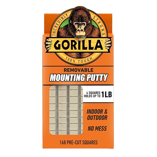 Gorilla Removable Mounting Putty Reusable & Repositionable Adhesive 168 Count Pre-Cut Squares (Pack of 1) Holds 2 lbs. Back to School Supplies for Teachers Students Parents, Indoor Outdoor