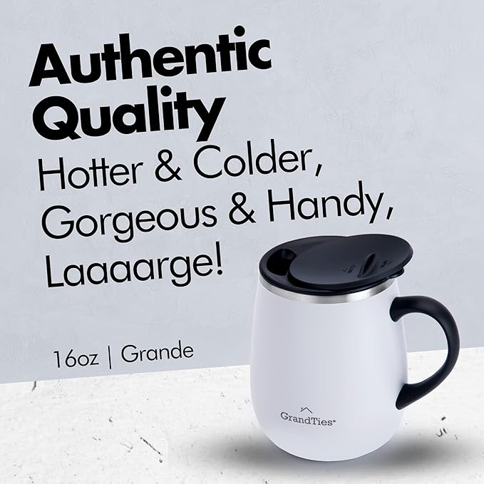 GRANDTIES Insulated Coffee Mug with Handle - Sliding Lid for Splash-Proof 16oz Wine-Glass Shape Thermal Tumbler with Double Walled Vacuum Stainless Steel to Keeps Beverages Hot or Cold-Pearl