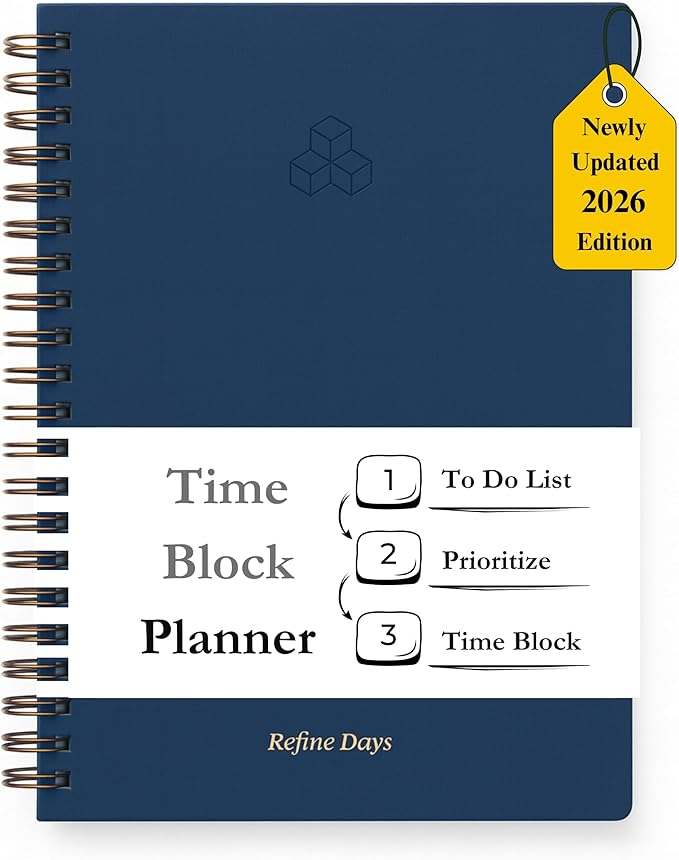 Undated Daily Planner - Time Blocking Planner & ADHD Planner. To Do List, Hourly Schedule, Daily and Monthly Agenda. Time Management & Productivity Planner. Spiral Hardcover Notebook. A4.