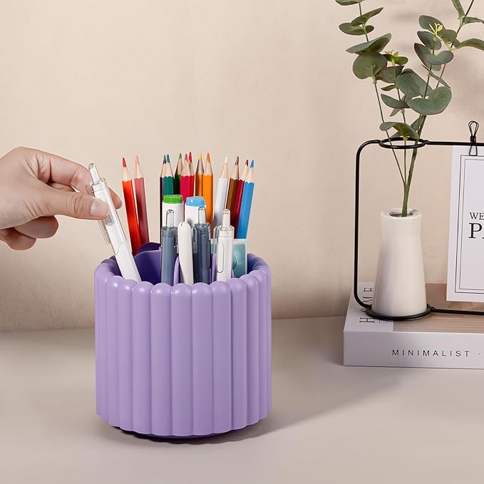 Anyoifax 360° Rotating Pen Holder 7 Slots Desk Organizer Removable Pencil Cup Plastic Art Supplies and Accessories Desktop Storage Box Caddy for Office, School, Home (Purple)