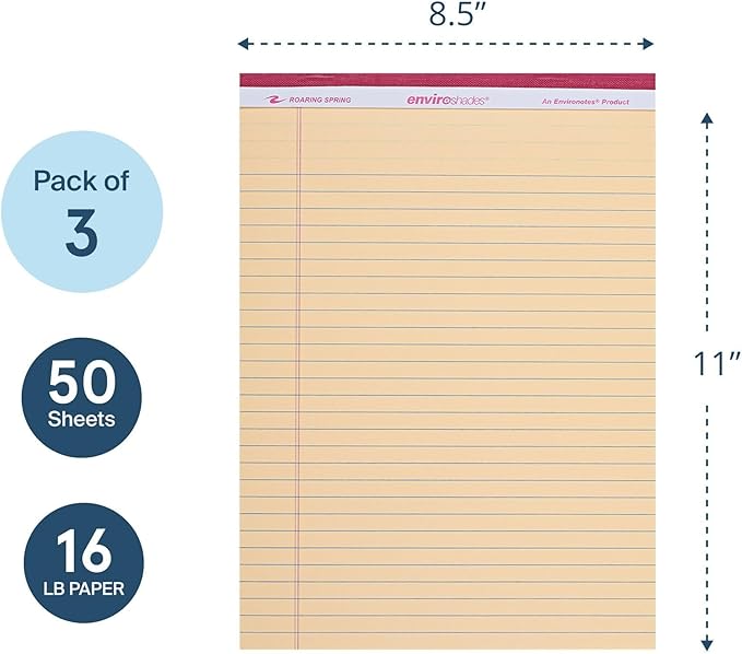 ROARING SPRING Enviroshades Ivory Legal Pads, 3 Pack, Legal Ruled Recycled Colored Writing Note Pads, 8.5" x 11", 50 Sheets, Perforated Paper, Made in USA, Memo Pad For School & Office