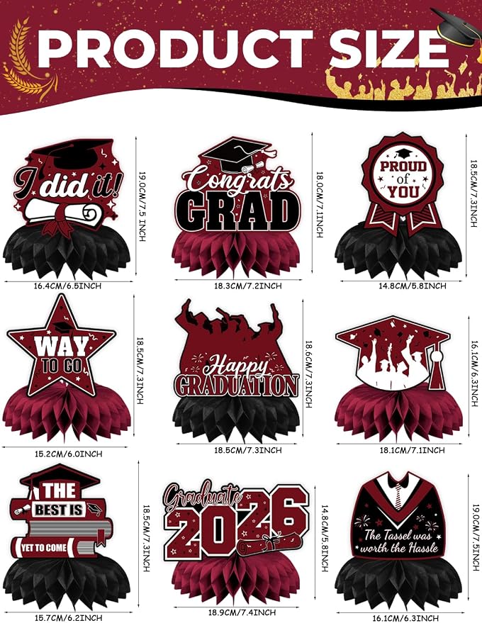 Graduation Table Decorations, Red Black Honeycomb Centerpiece Glitter Graduation Centerpieces for Tables Congrats Grad Table Toppers Congratulate for Class of 2026 Grad Party Supplies, 9Pcs