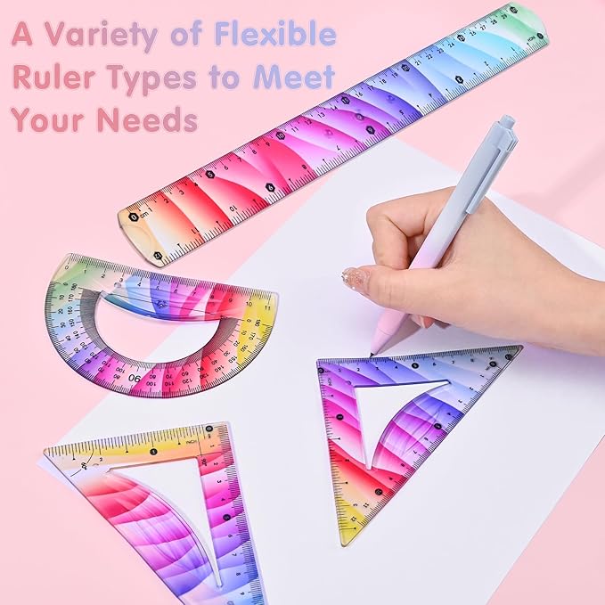 4 Pcs Flexible Rulers Set, Colorful Geometry Kit, Plastic Bendable Shatterproof Soft Rulers, Clear Ruler 30 cm/ 12 Inch, Triangle Rulers and Protractor for Back to School Supplies (12 Inch)