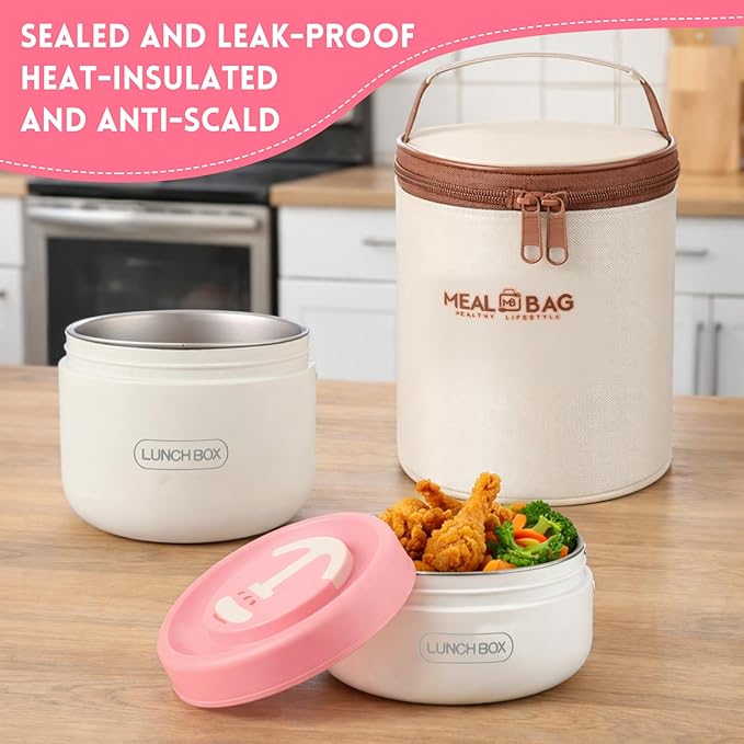 Dandat 2 Pcs Portable Insulated Lunch Containers Thermal Bento Box with Bag Fork Knife Microwavable Stainless Steel Lunch Box 15.2 oz 21 oz Separate Stackable Food Jar for Adult Men Women(Pink)