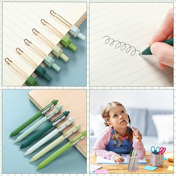 Resurhang Aesthetic Stationery Set Supplies Sticky Notes Set 6 Mini Correction Tapes 6 Retractable Black Ink Pens 0.5mm Fine Point Paper Corrective Pen Self Stick Index Tabs(Green)