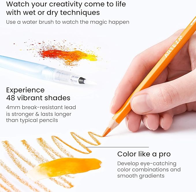 ARTEZA Watercolor Pencils, Set of 48, Water-Soluble Colored Pencils with 4 mm Break-Resistant Core, Pre-Sharpened Tips and Metal Tin for Drawing, Shading, Blending, and Wet or Dry Techniques