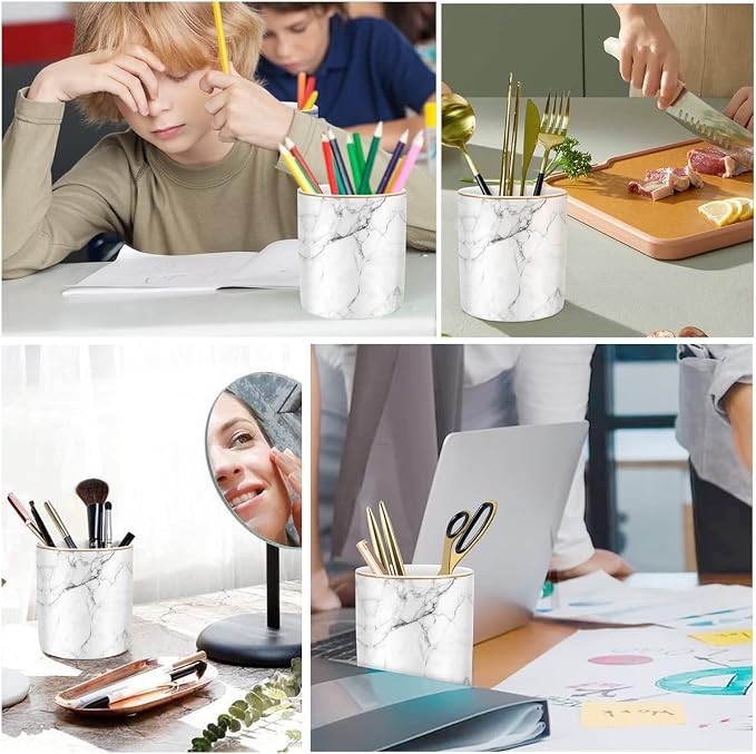 Pen Holder for Desk Cute, Modern Marble Desk Organizer, Durable Ceramic Pencil Cup, Makeup Brush Holder Cup, Multifunctional Office Stationery Holder for Women, Men, White Marble