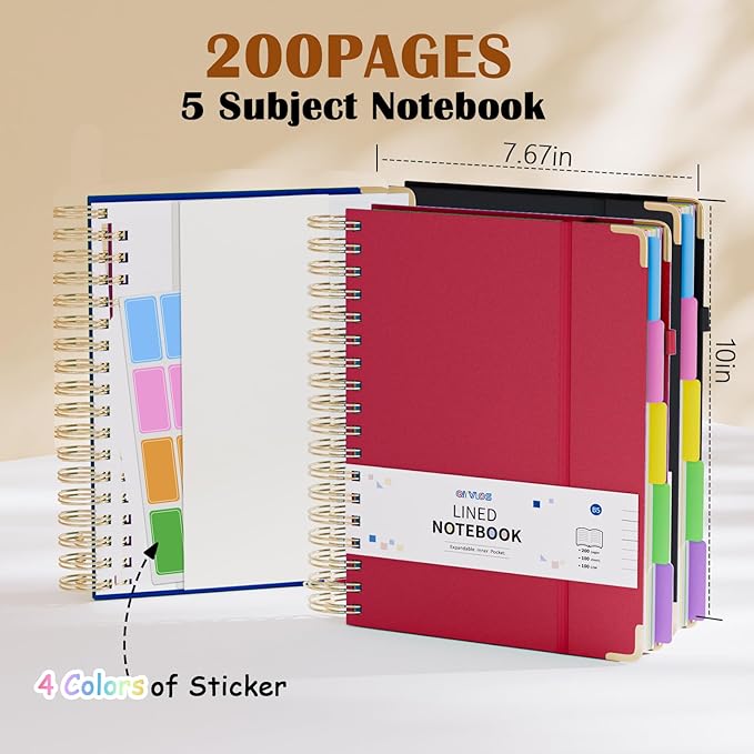 3 Packs Hardcover Spiral Notebook, B5 Journal with Removable Dividers Tabs, 5 Subject Notebook College Ruled, 200 Pages 8"x10" Leather Notebooks for Work School Study, Lined Journal for Women(Red/Blue/Black)
