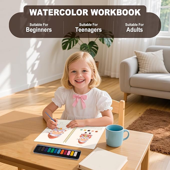 Metyond Christmas Watercolor Workbook - Watercolor Coloring Book with 1 Workbook 12 Colors Paint Set with Brush, Beginner Friendly Watercolor Workbooks Set Gift for Adults Teens (Christmas)