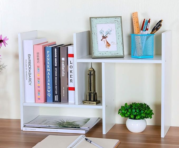 PAG Adjustable Desktop Shelf Wood Small Bookshelf Desk Supplies Organizers and Accessories Storage Display Rack Office Decor, White