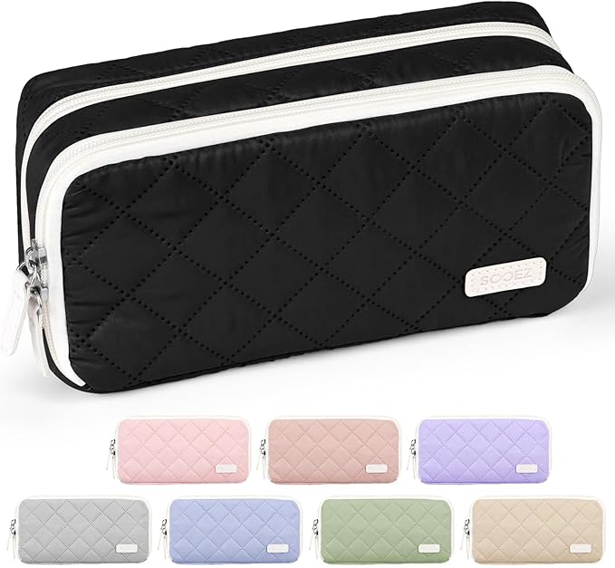 Sooez Large Pencil Case Pouch, Extra Big Pencil Bag with 8 Compartments, Pen Bag Wide Opening, Soft Quilted Pencil Pouch Organizer with Zipper, Portable Pencil Case for Teen Girls, Light Black