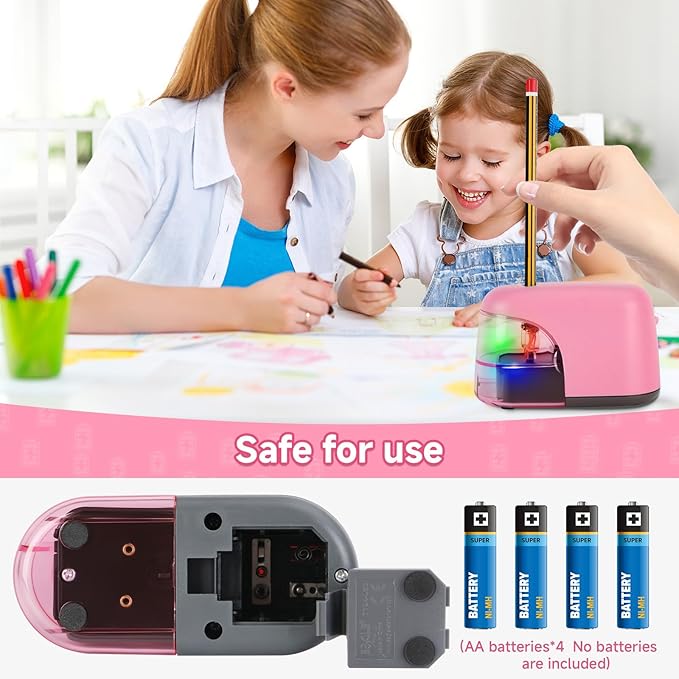 Battery-Operated Electric Pencil Sharpener with LED Light – Compact & Portable Pencil Sharpener for Home, School, or Office Use (Pink)