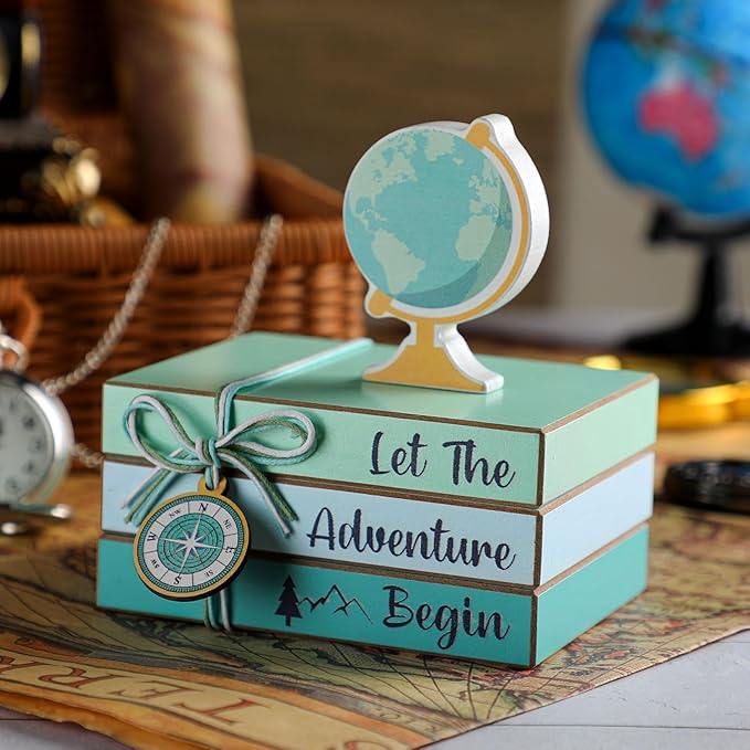 Pinkunn 4 Pcs Travel Themed Decorations Adventure Awaits Wooden Centerpieces, Let The Adventure Begin Book Stacks Table Toppers for World Bon Voyage Travel Around The World Home Office Desk Shelf