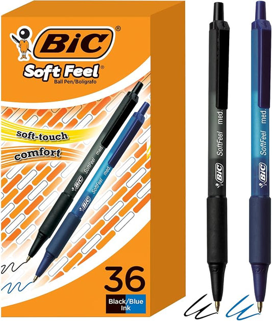 BIC Soft Feel Retractable Ballpoint Pen,1.0 mm Medium Point, Bulk School Supplies for Students and Teachers, No-Slip Grip, 36-Count in Black & Blue