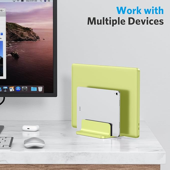 OMOTON Vertical Laptop Stand [Updated Double Version], Desktop Aluminum Mac Book Stand with Adjustable Dock Size, Fits All Mac Book, Surface, Chrome Book and Gaming Laptops (Up to 17.3 inch), (Green)