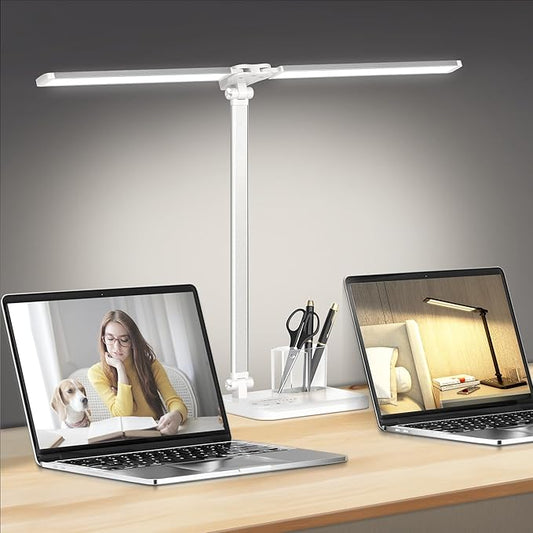 CHARYJOD LED Desk Lamp for Home Office, Eye-Caring Desk Light with USB Adapter, 10W 50 Lighting Modes Foldable Dual Swing Arm Architect Table Lamp Light for Reading, Study, Workbench, 45min Timer