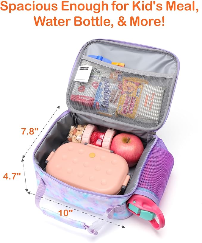 Bagseri Kids Lunch Bag Girls - Thermal Insulated Lunch Box Tote with Water Bottle Holder, Reusable Leak-Proof Kids Lunch Box for Daycare & School, Purple Tie-dye (Containers Not Included)