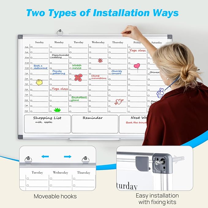 ONAVIA Weekly Calendar Whiteboard for Wall, 36" x 24" Big Dry Erase Board, Hanging Double-Sided White Board with Hourly Slots, for Planning, Memo, to Do List, Home, Office