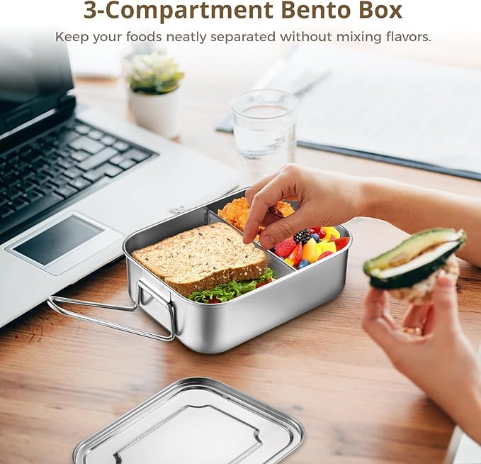 Stainless Steel Bento Box, 3-Compartment Lunch Box, Metal Food Container with Secure Lid, Salad Sandwich Box, Fruit Snack Packing Box for Office, Camping （1500ml）