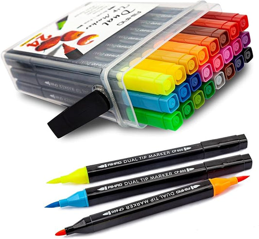Markers for Kids,Washable Markers With Stand Portable Box,Dual Tip Set, Brush & Fine Tips, 24 Pack, Art Supplies for Coloring, Doodling, Sketching, Drawing, Journaling