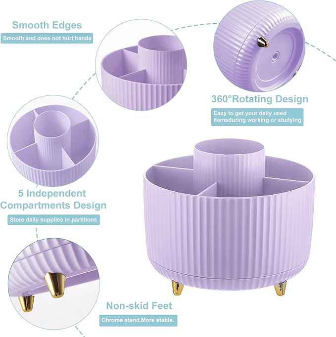 Cayxenful Pencil Holder For Desk,5 Slots 360°Degree Rotating Desk Organizers And Accessories,Desktop Storage Stationery Supplies Organizer, Cute Pencil Cup Pot For Office, School, Home (I-Purple)