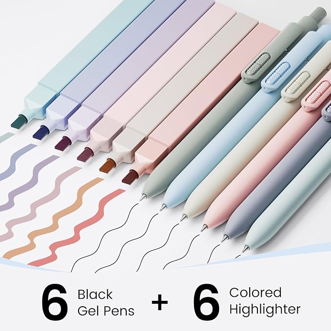 12 Pack Gel Pens, 0.7mm Black Ink Fine Point Smooth Writing with Aesthetic Highlighters, Quick-Dry Long-Lasting Pens Set for Journaling School Office Supplies (6 Pens + 6 Highlighters)