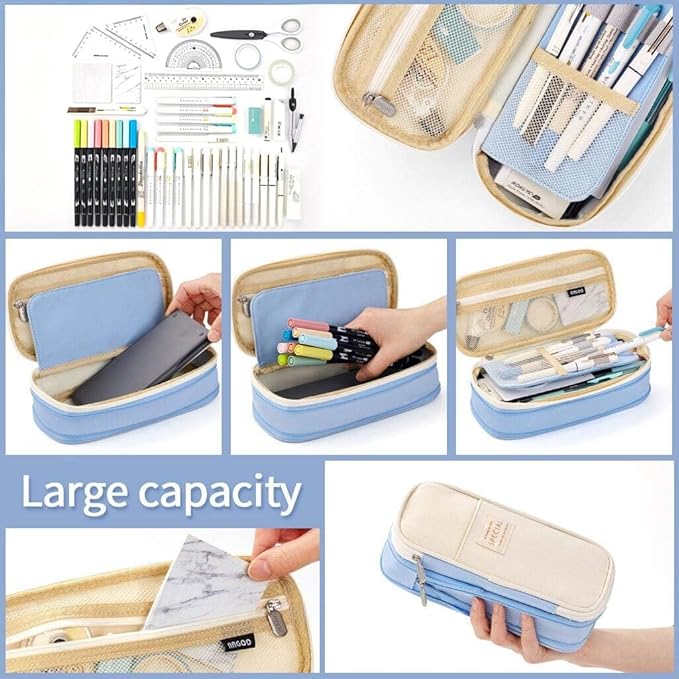 EASTHILL Big Capacity Pencil Pen Case Office College School Large Storage High Capacity Bag Pouch Holder Box Organizer Light Blue