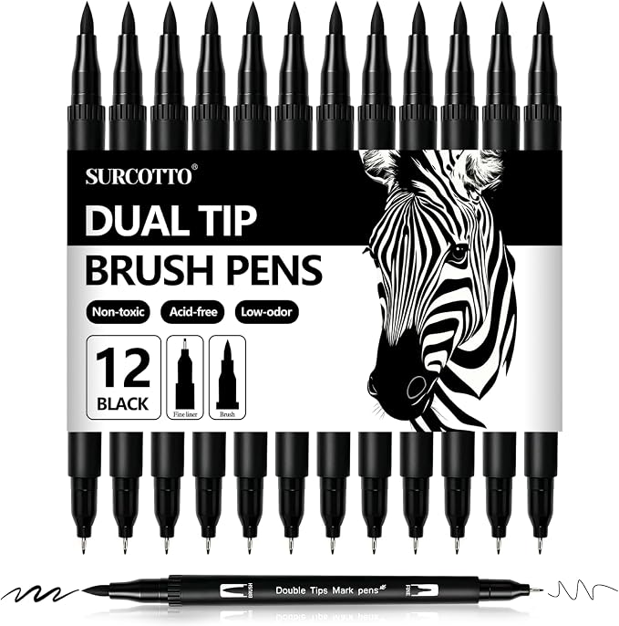 Surcotto Black Markers for Drawing,12 Pack Drawing Pens, Brush Pens with Felt Tips for Artists, Dual Tip Brush Fineliners Pens, Calligraphy Pens, for Art Drawing Sketching Journaling, Black