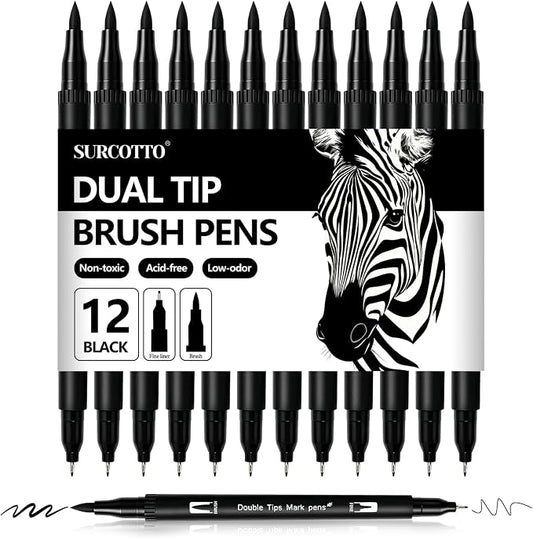Surcotto Black Markers for Drawing,12 Pack Drawing Pens, Brush Pens with Felt Tips for Artists, Dual Tip Brush Fineliners Pens, Calligraphy Pens, for Art Drawing Sketching Journaling, Black