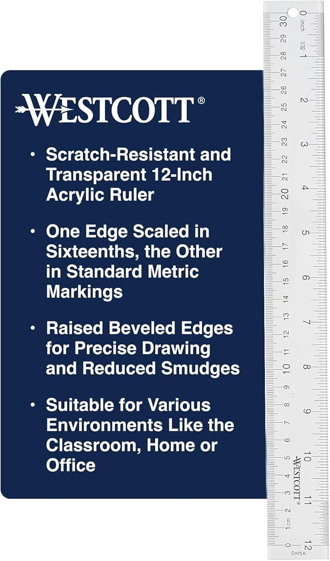 Westcott Acrylic Clear Ruler, Easy-to-Read Markings, Scratch-Resistant Design, Raised Beveled Edges, for Crafting, Office, Classroom, Back to School Supplies, 12-Inch