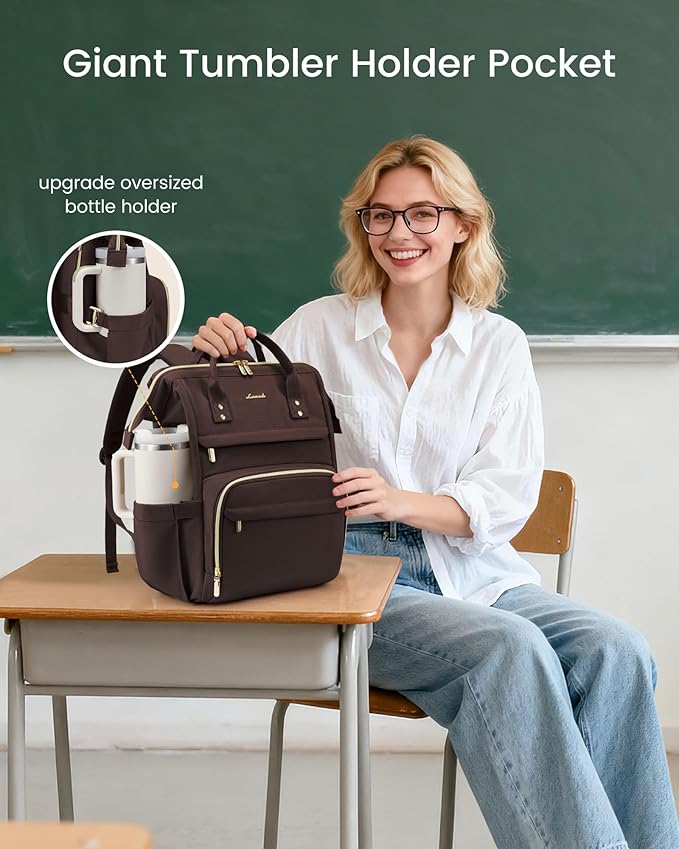 LOVEVOOK Laptop Backpack for Women with Giant Tumbler Holder Pocket,15.6 inch Waterproof Travel Backpack Purse Computer Laptop Bag,Professional Work College Nurse Teacher Backpack Personal Item,Coffee
