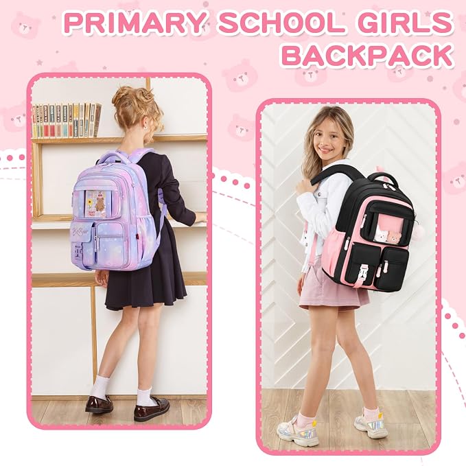 Kids Backpack for Girls School Bags for Middle School Students Book Bag for Elementary Primary Kawaii Ita Backpack, Black and Pink