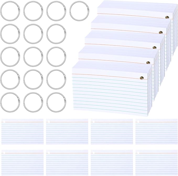 1000 Pcs 3 x 5 Inch Index Cards, Blank White Flash Card with 16 Metal Organizing Rings, Hole Punched Study Note Cards for School, Office, and Home