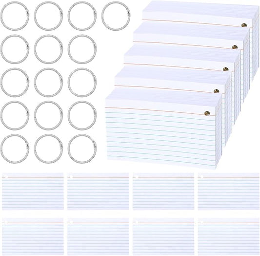 1000 Pcs 3 x 5 Inch Index Cards, Blank White Flash Card with 16 Metal Organizing Rings, Hole Punched Study Note Cards for School, Office, and Home