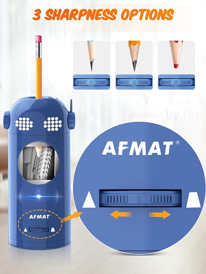 AFMAT Electric Pencil Sharpener Fully Automatic, Colored Pencil Sharpeners for 7-11.5mm Pencils, Rechargeable Hands-Free Robot Sharpener for Classroom, Home, Office, Battery Operated, PSX5EW, Blue
