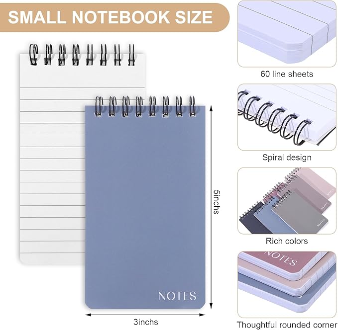 Thboxes 8 Pack Pocket Notebooks, 3 x 5 Spiral Notepads Mini Notebook 60 Sheets/120 Pages Small Notebooks with Lined Pages Memo Pads for Nurse Gifts School College Office